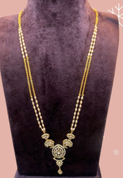 Two lines chandraharam with pearls chain with uncut stone pendant